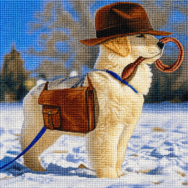 Diamond Painting mit weißem Hund im Schnee, Fedora-Hut, Ledertasche und Peitsche. Mockup.