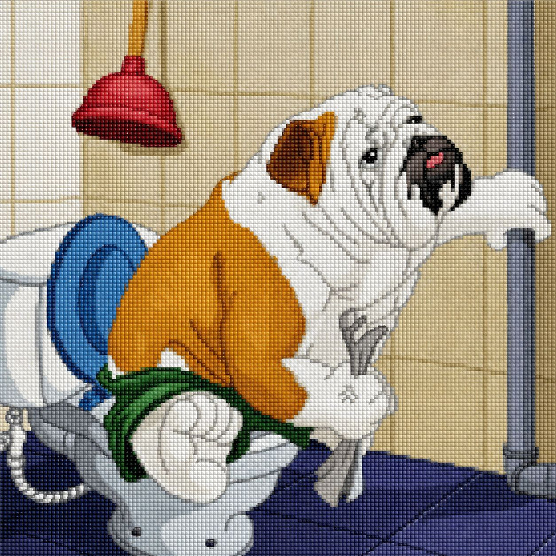 Diamond Painting mit Bulldogge auf Toilette im Cartoonstil mit Zeitung und Badezimmerkulisse. Mockup.