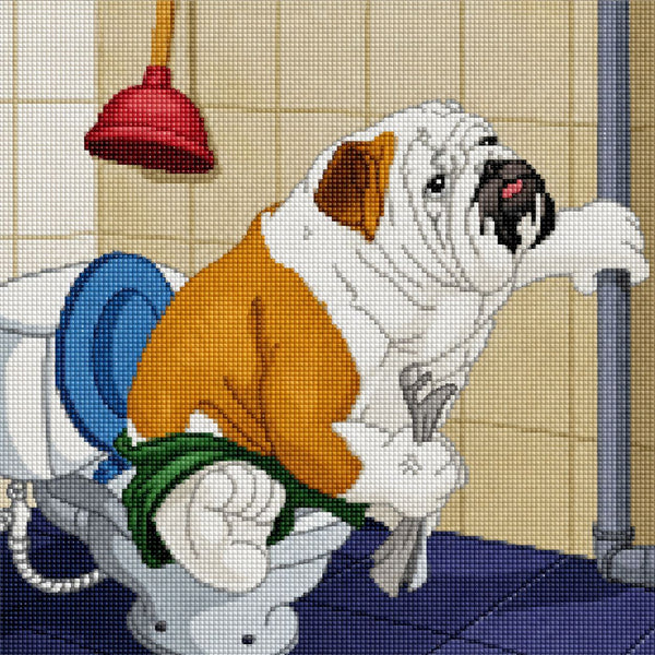Diamond Painting mit Bulldogge auf Toilette im Cartoonstil mit Zeitung und Badezimmerkulisse. Mockup.