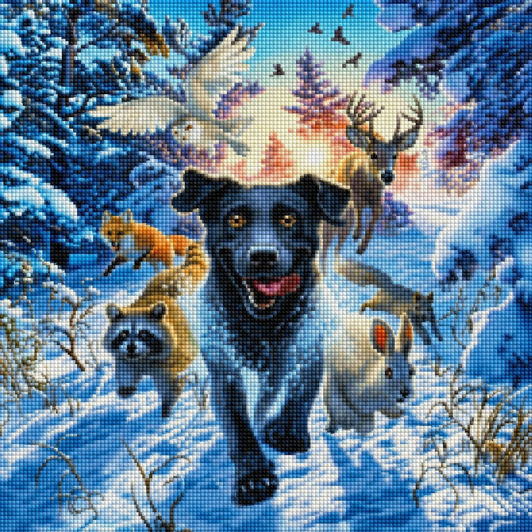 Diamond Painting mit schwarzem Hund, Hirsch, Eule, Fuchs und Winterwald im Schnee. Mockup.