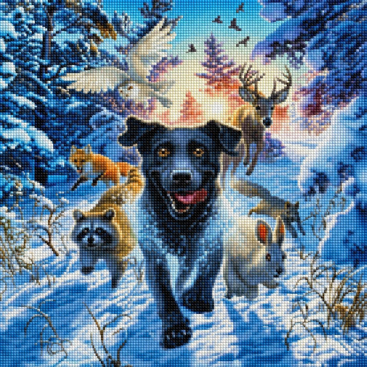 Diamond Painting mit schwarzem Hund, Hirsch, Eule, Fuchs und Winterwald im Schnee. Mockup.