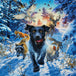 Diamond Painting mit schwarzem Hund, Hirsch, Eule, Fuchs und Winterwald im Schnee. Mockup.