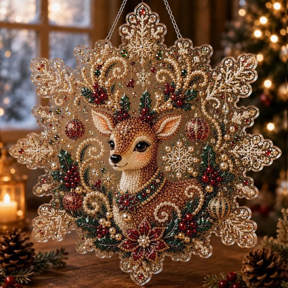 Weihnachtliches 5D Diamond Painting Ornament in Schneeflockenform mit Rentier und funkelnden Schmucksteinen