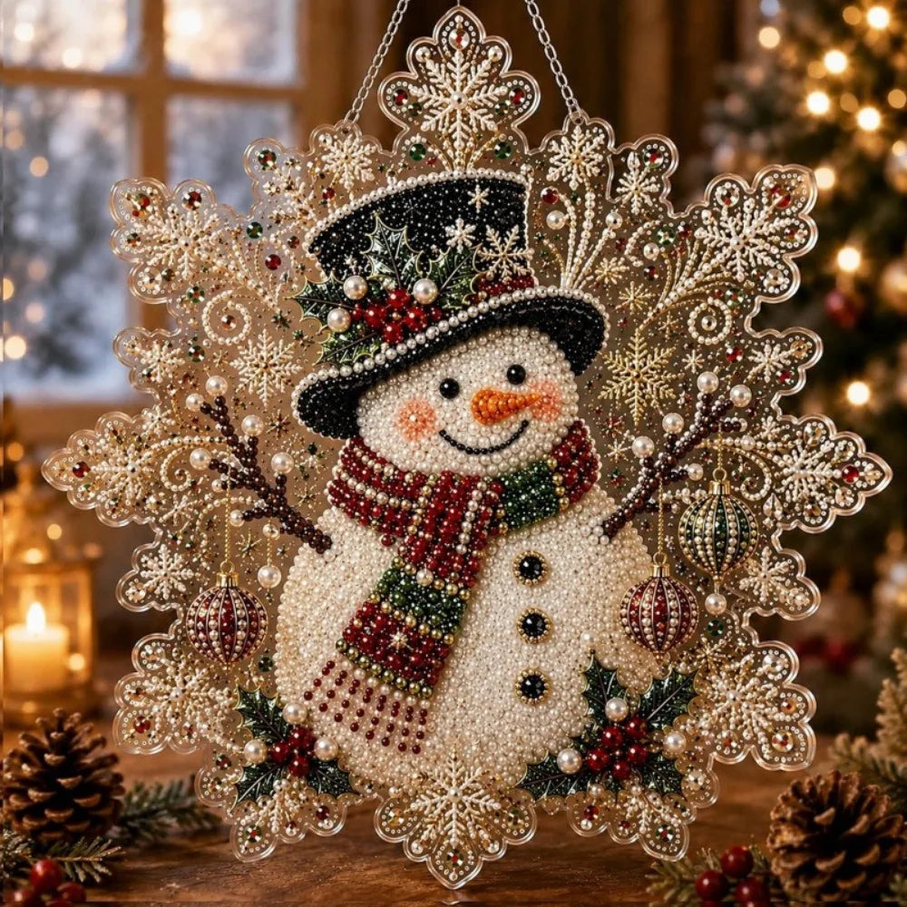 Weihnachtliches 5D Diamond Painting Ornament in Schneeflockenform mit Schneemann und funkelnden Schmucksteinen