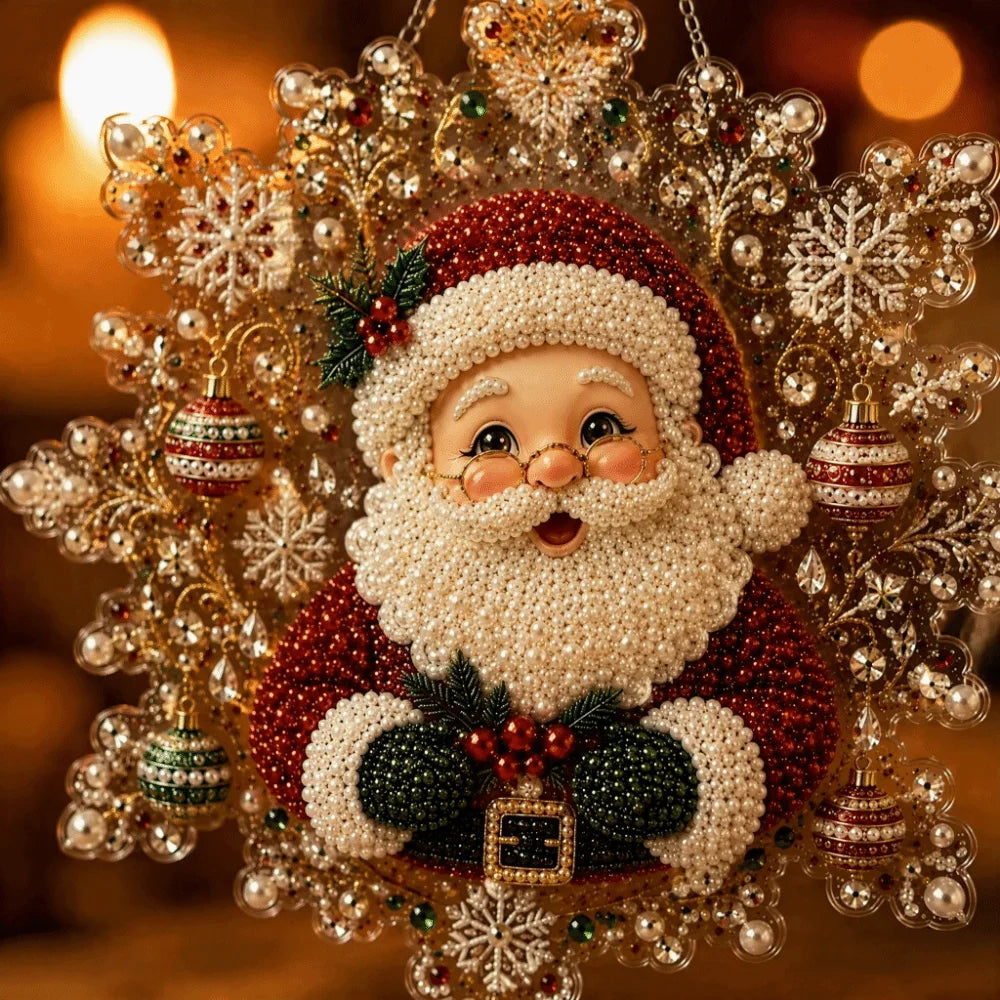 Funkelndes 5D Diamond Painting Weihnachts-Ornament in Schneeflockenform mit festlichem Weihnachtsmann