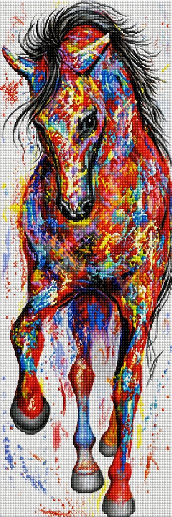 Diamond Painting eines bunten Pferdes im Pop-Art-Stil mit vielen Farbspritzern auf weißem Grund. Mockup.