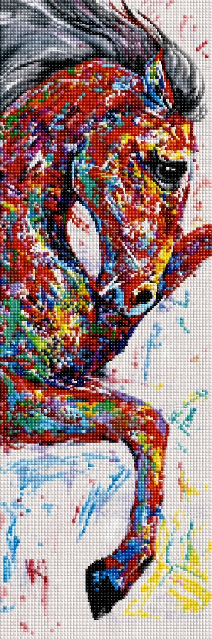 Diamond Painting eines steigenden Pferdes in bunter Pop-Art-Optik mit abstrakten Farbeffekten. Mockup.