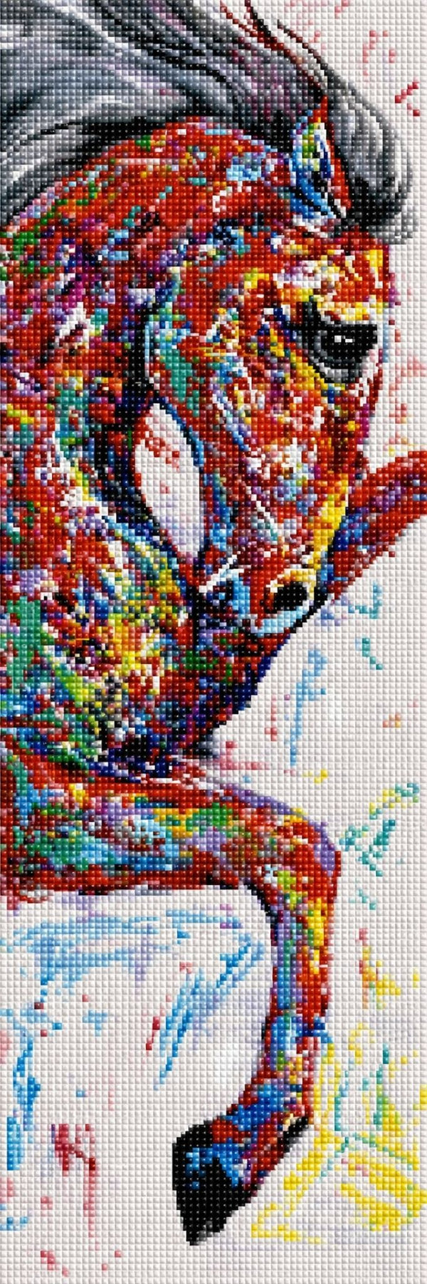 Diamond Painting eines steigenden Pferdes in bunter Pop-Art-Optik mit abstrakten Farbeffekten. Mockup.
