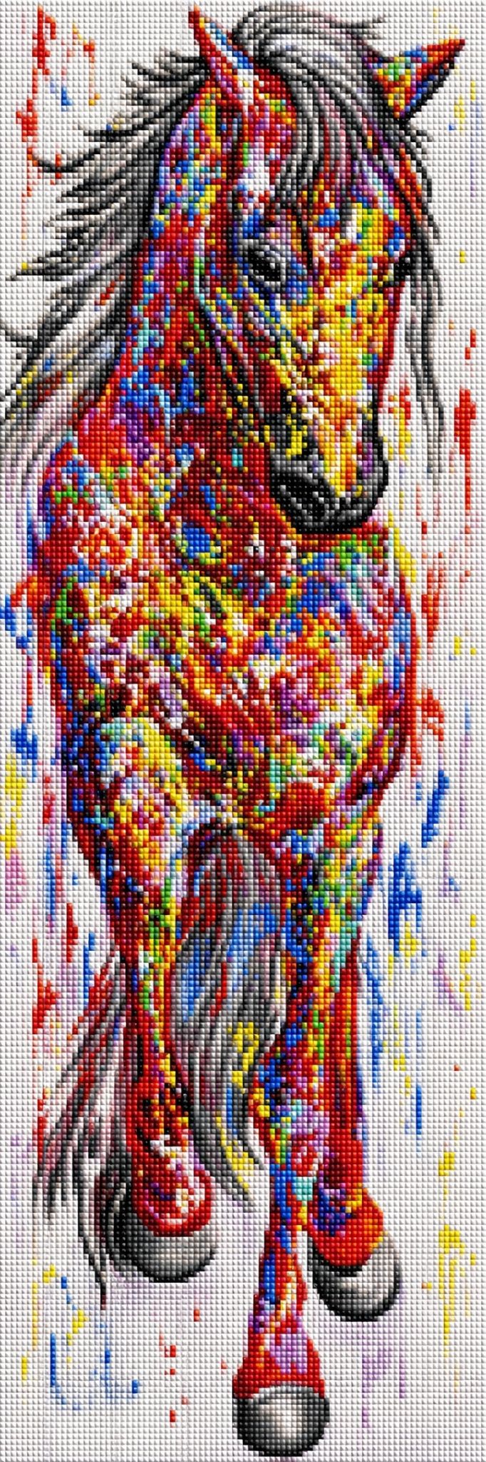 Diamond Painting eines farbenfrohen Pferdes mit bunter Mähne auf hellem Hintergrund. Mockup.