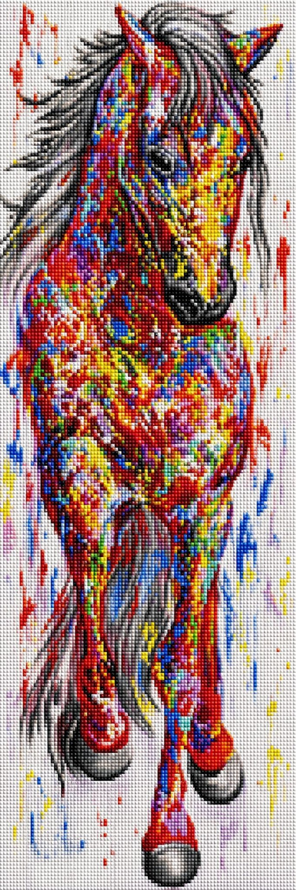 Diamond Painting eines farbenfrohen Pferdes mit bunter Mähne auf hellem Hintergrund. Mockup.