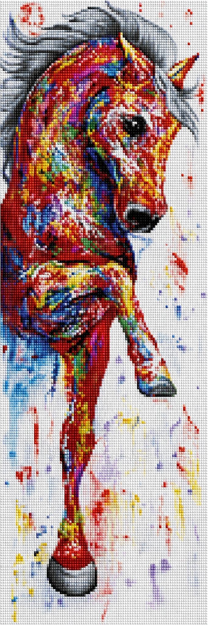 Diamond Painting eines Pferdes im spanischen Schritt mit bunter Pop-Art-Farbgebung, Mochup.
