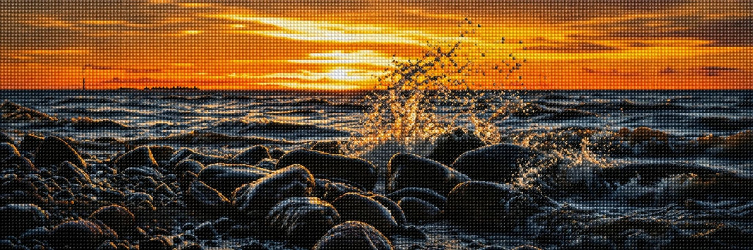 Diamond Painting einer vertikalen Küstenszene mit großen Felsen im Meer bei goldenem Abendlicht. Mockup.