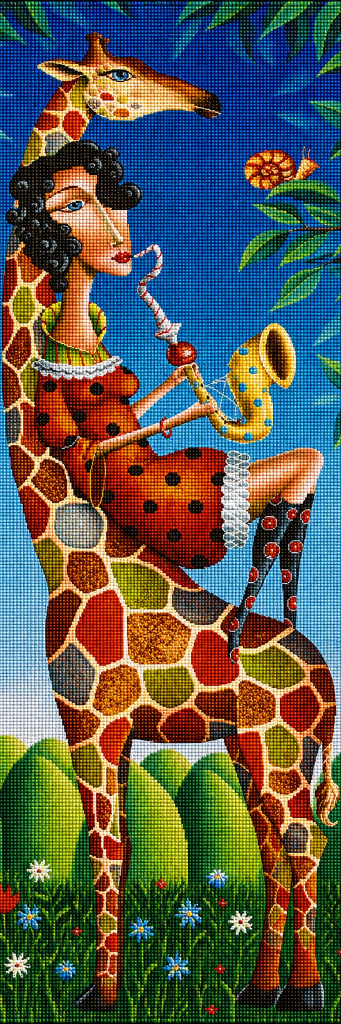 Diamond Painting einer Giraffe mit einer Saxophon spielenden Frau auf dem Rücken im surrealen Illustrationsstil. Mockup.