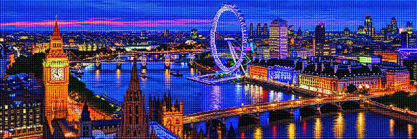Diamond Painting der Londoner Skyline mit dem London Eye und Brücken bei Nacht in Blau- und Violetttönen. Mockup.