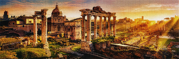 Diamond Painting der Ruinen des Forum Romanum in Rom bei einem strahlenden goldenen Sonnenuntergang. Mockup
