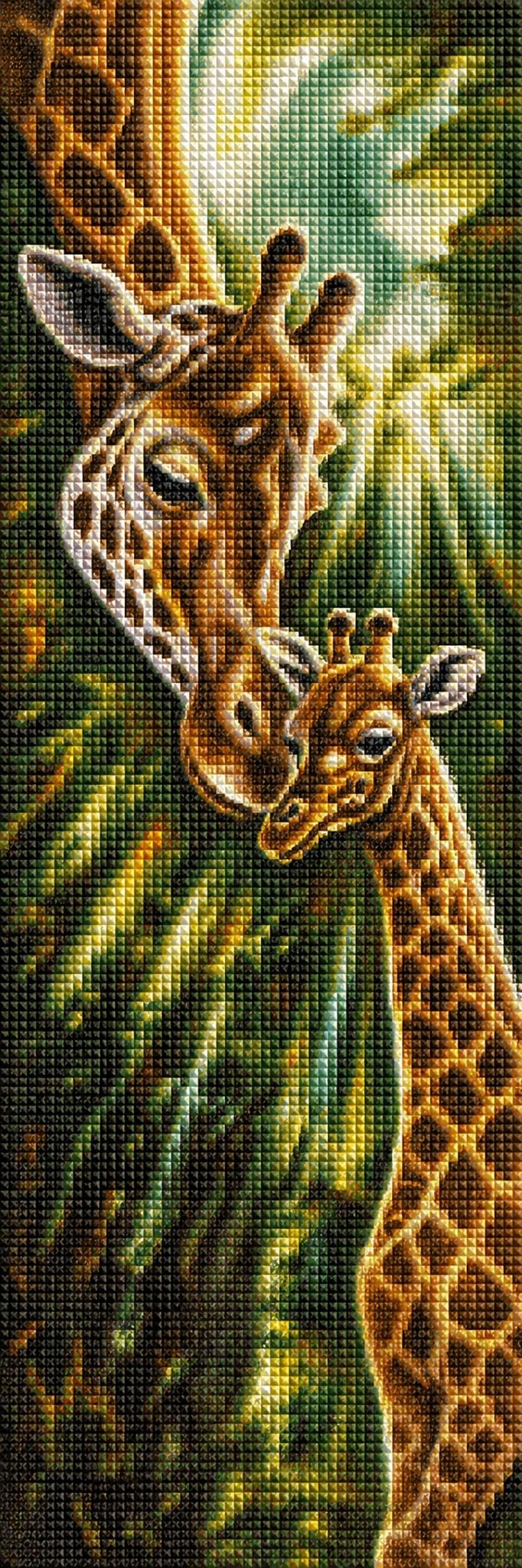 Diamond Painting mit Giraffenmutter und Jungtier in grüner Waldlandschaft. Mockup.