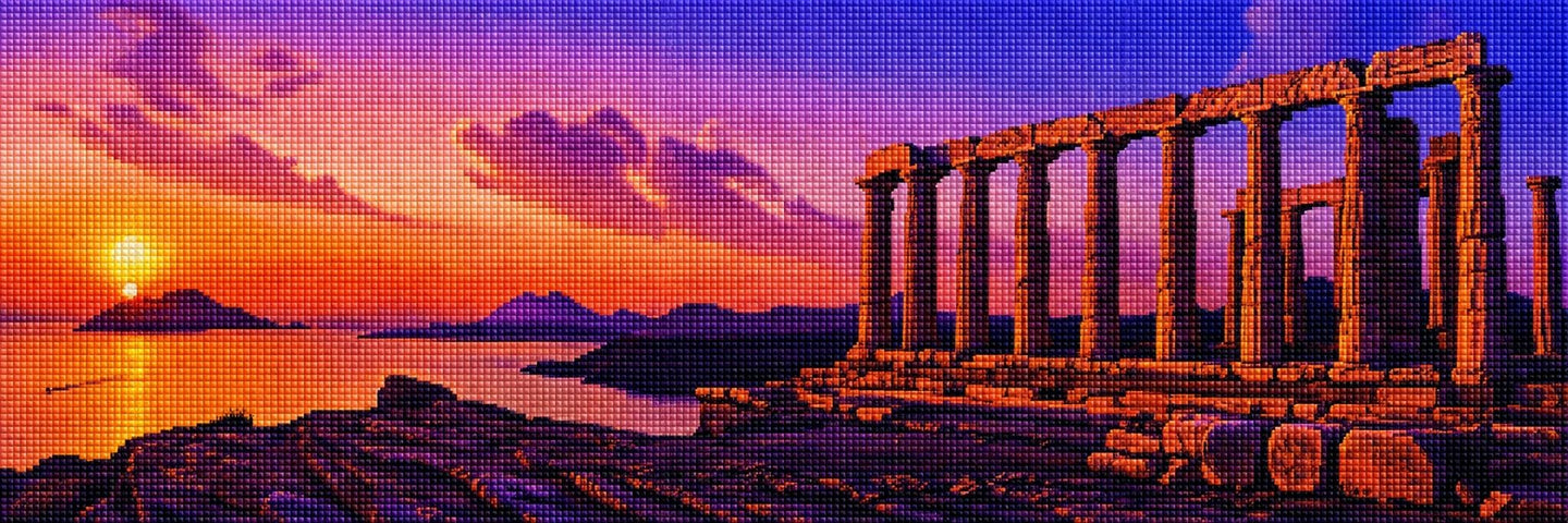 Diamond Painting des Poseidon-Tempels am Meer bei orangefarbenem Sonnenuntergang. Mockup.