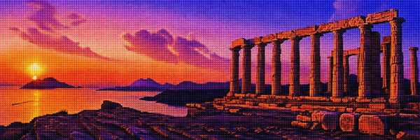 Diamond Painting des Poseidon-Tempels am Meer bei orangefarbenem Sonnenuntergang. Mockup.