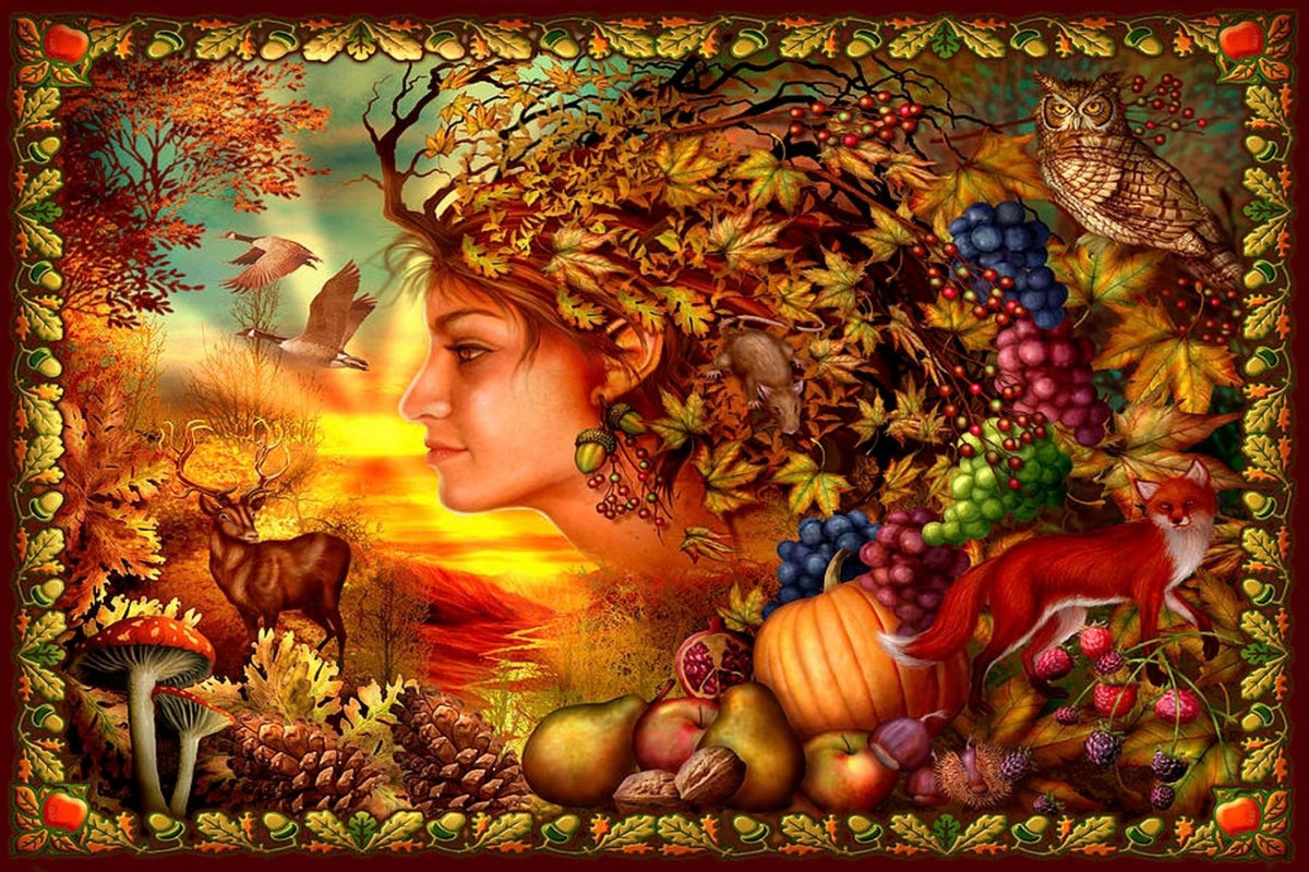 Diamond Painting mit Herbstgöttin, Hirsch, Fuchs, Eule, Früchten und buntem Laub.