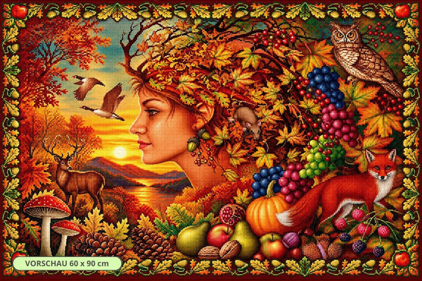 Diamond Painting mit Herbstgöttin, Hirsch, Fuchs, Eule, Früchten und buntem Laub. Mockup.
