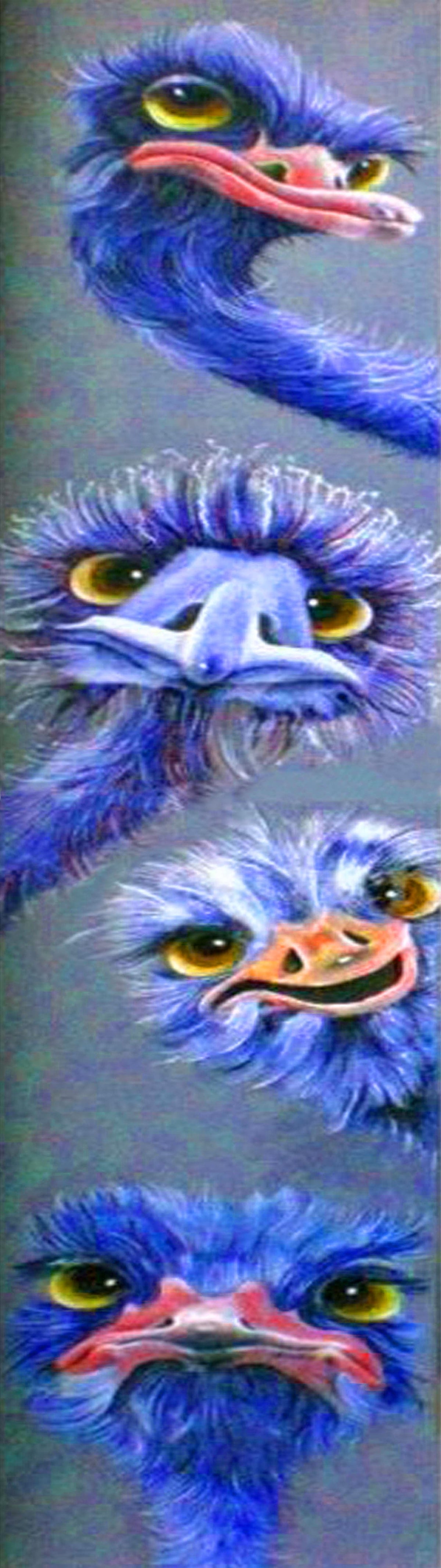 Diamond Painting von vier blauen Straußenköpfen mit großen Augen in vertikaler Anordnung auf grauen Grund.