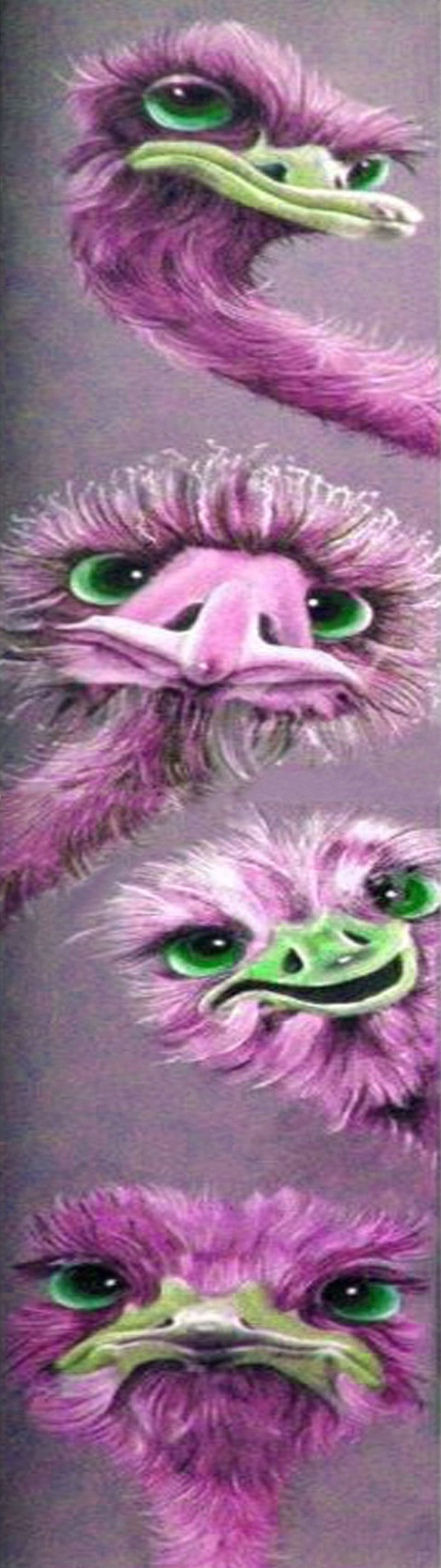 Diamond Painting von vier fliederfarbige Straußenköpfen mit großen Augen in vertikaler Anordnung auf grau-lila Grund.