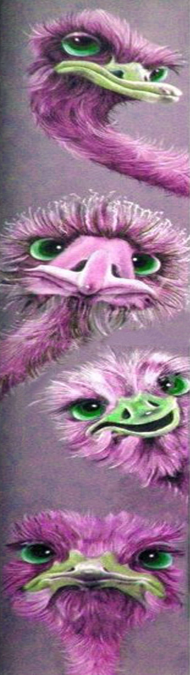 Diamond Painting von vier fliederfarbige Straußenköpfen mit großen Augen in vertikaler Anordnung auf grau-lila Grund.