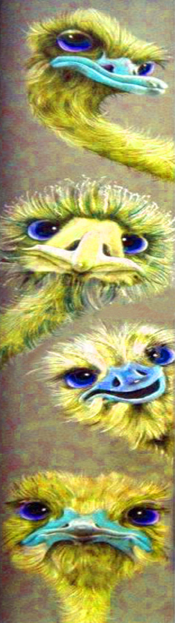 Diamond Painting von vier gelben Straußenköpfen mit großen Augen in vertikaler Anordnung auf beigen Grund.