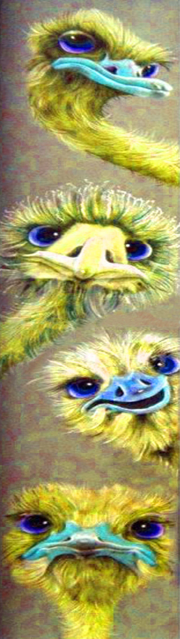 Diamond Painting von vier gelben Straußenköpfen mit großen Augen in vertikaler Anordnung auf beigen Grund.
