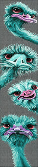 Diamond Painting von vier türkisen Straußenköpfen mit großen Augen in vertikaler Anordnung auf grau-grünem Grund. Mockup