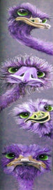 Diamond Painting von vier violetten Straußenköpfen mit großen Augen in vertikaler Anordnung auf grauem Grund. 