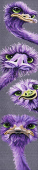 Diamond Painting von vier violetten Straußenköpfen mit großen Augen in vertikaler Anordnung auf grauem Grund. Mockup.