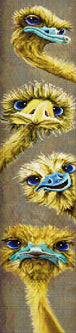 Diamond Painting von vier gelben Straußenköpfen mit großen Augen in vertikaler Anordnung auf beigen Grund. Mockup.