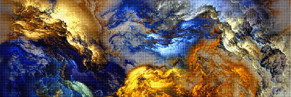Abstraktes Diamond Painting mit wirbelnden blauen, goldenen und grauen Wolkenformationen. Mockup.