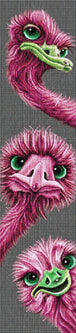 Diamond Painting von drei pinkfarbenen Straußenköpfen mit grünen Augen in vertikaler Anordnung. Mockup.