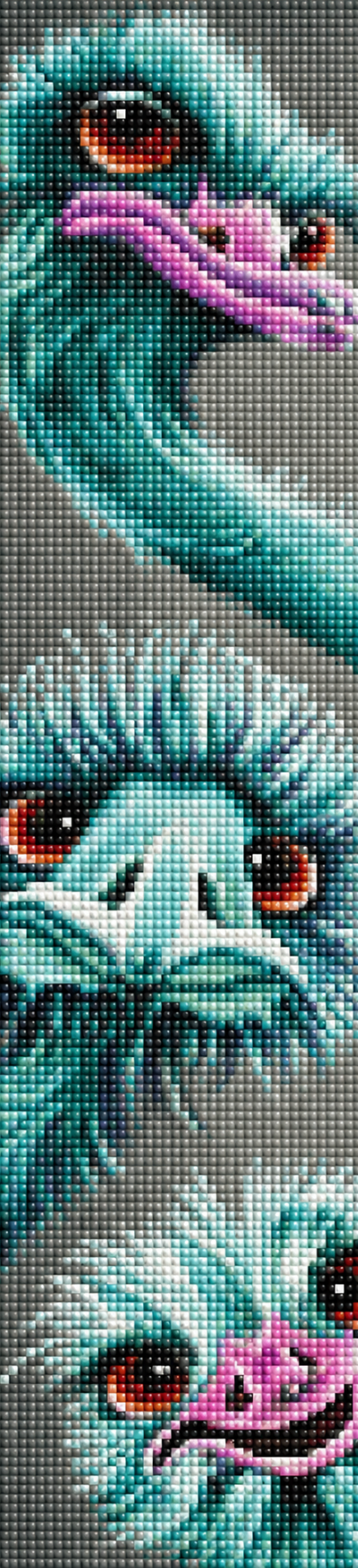 Diamond Painting von drei türkisen Straußenköpfen mit großen Augen in vertikaler Anordnung auf grauem Grund. Mockup.