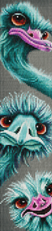 Diamond Painting von drei türkisen Straußenköpfen mit großen Augen in vertikaler Anordnung auf grauem Grund. Mockup.