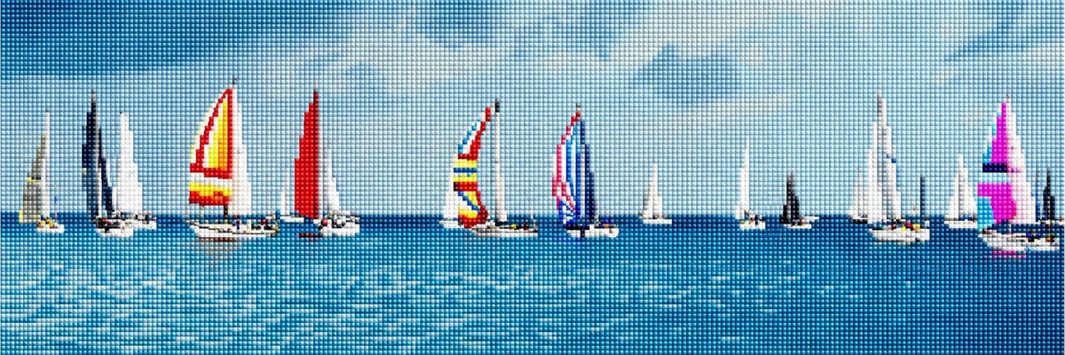 Diamond Painting einer Regatta mit vielen bunten Segelschiffen auf blauem Wasser unter bewölktem Himmel. Mockup.