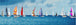 Diamond Painting einer Regatta mit vielen bunten Segelschiffen auf blauem Wasser unter bewölktem Himmel. Mockup.