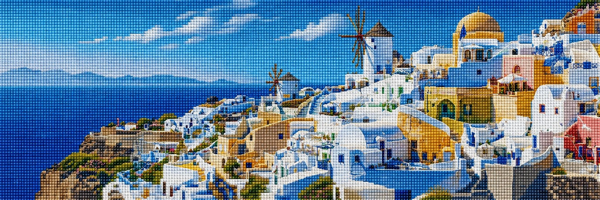 Diamond Painting Panorama der weißen Häuser von Santorini mit blauen Kuppeln am Meer unter blauem Himmel. Mockup.