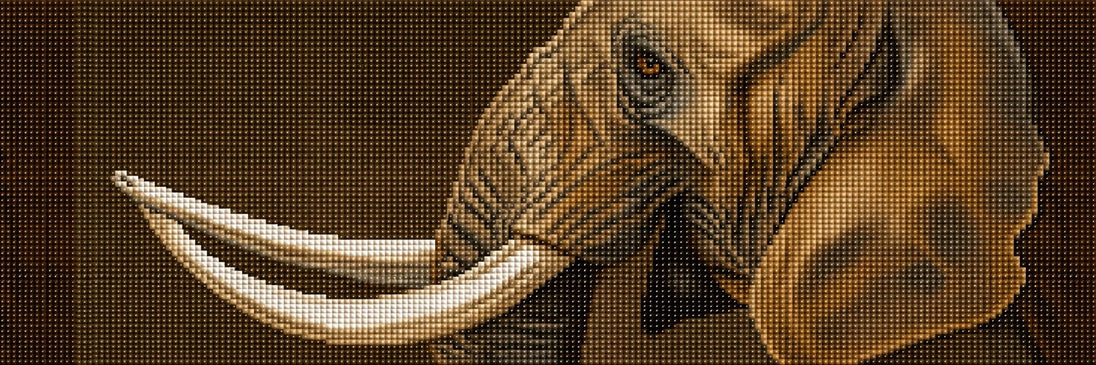 Diamond Painting eines Elefantenkopfes mit langen Stoßzähnen vor dunklem Hintergrund. Mockup.