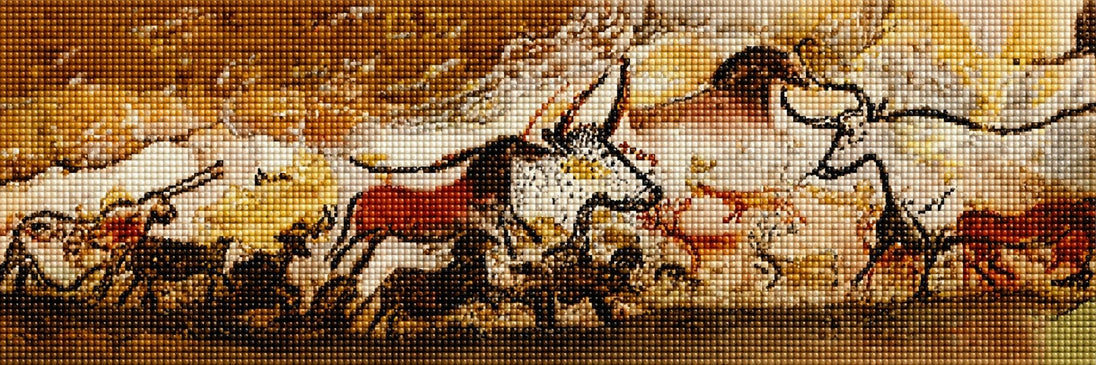 Diamond Painting einer prähistorischen Höhlenmalerei mit mehreren Wildtieren auf einer Felswand. Mockup.