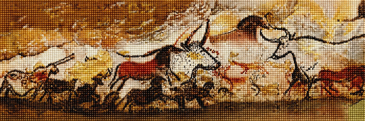 Diamond Painting einer prähistorischen Höhlenmalerei mit mehreren Wildtieren auf einer Felswand. Mockup.