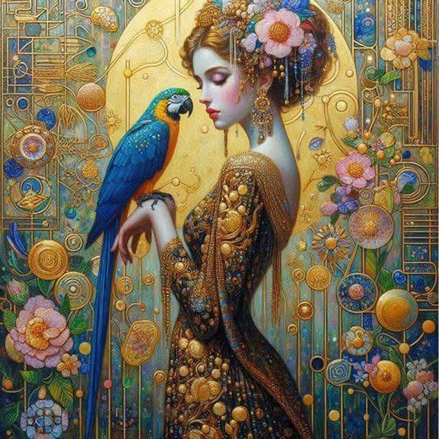 Diamond Painting mit eleganter Frau, blau-gelbem Papagei, Goldschmuck und floralen Ornamenten