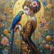 Diamond Painting mit eleganter Frau, blau-gelbem Papagei, Goldschmuck und floralen Ornamenten