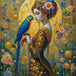 Diamond Painting mit eleganter Frau, blau-gelbem Papagei, Goldschmuck und floralen Ornamenten, Mockup, Pixelvorschau
