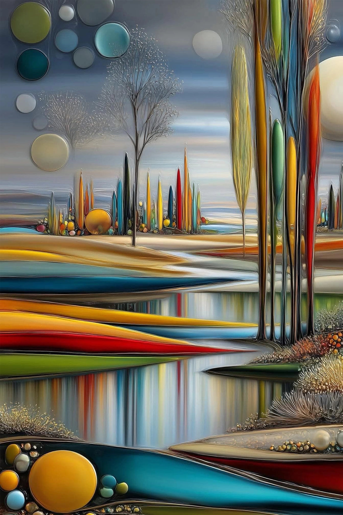 Abstrakte Flusslandschaft mit stilisierten Bäumen als Diamond Painting.