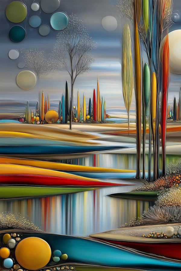Abstrakte Flusslandschaft mit stilisierten Bäumen als Diamond Painting.