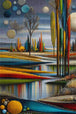 Abstrakte Flusslandschaft mit stilisierten Bäumen als Diamond Painting. Mockup Pixelvorschau
