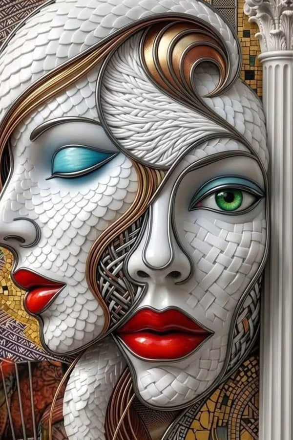Diamond Painting mit zwei abstrakten Frauengesichtern, roten Lippen und mosaikartigen Strukturen